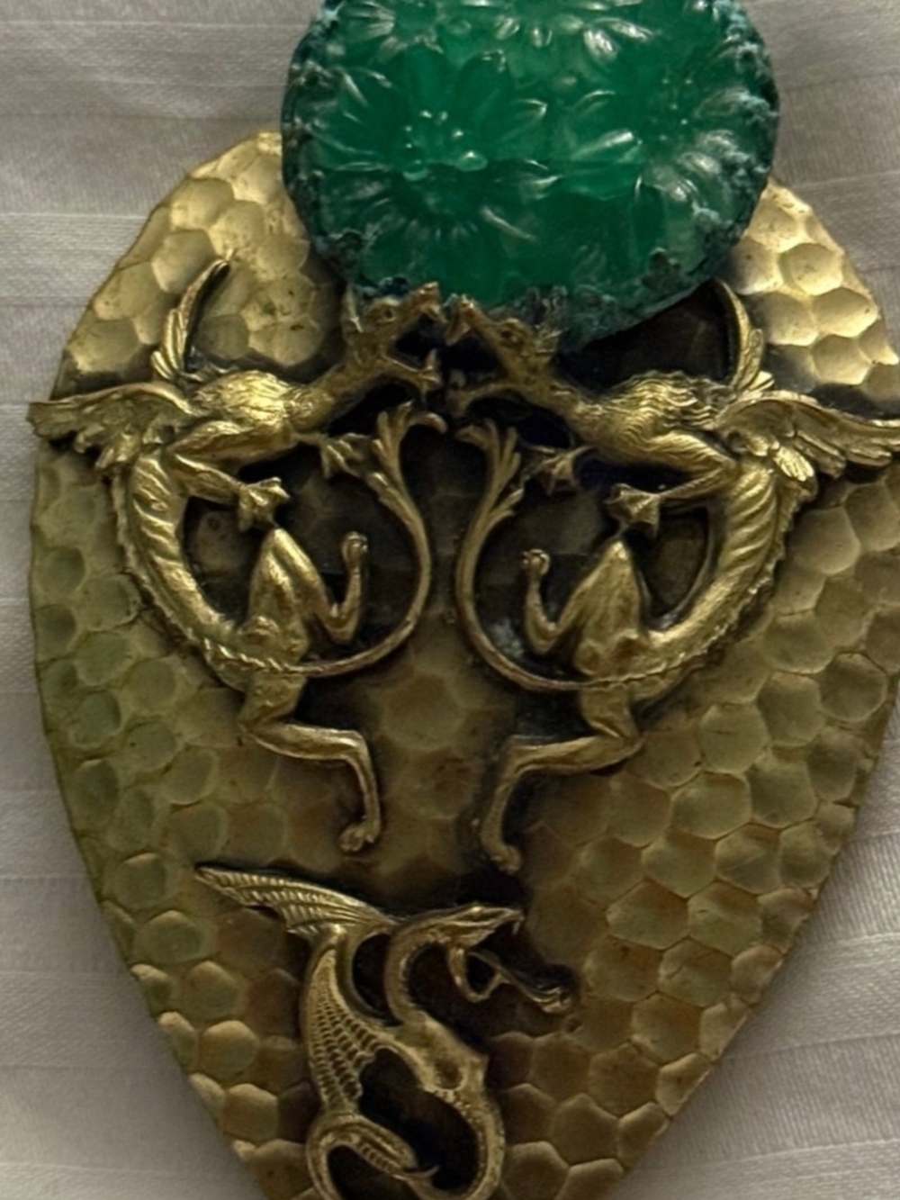 Vintage Brass 1930s Art Deco Dragon Terrarium Accent with Green Gem